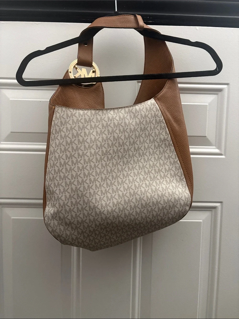 Michael Kors Tan and Cream MK Logo Hobo Shoulder Bag with Gold MK Charm